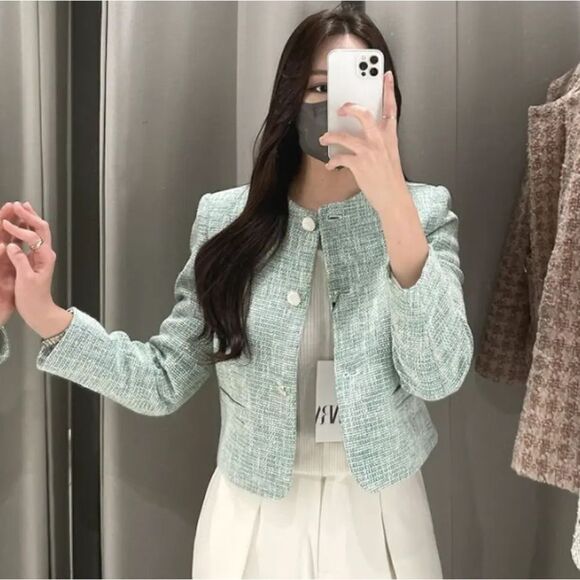 ZARA TEXTURED CROP BLAZER GREEN / ECRU XL NWT - Picture 3 of 10